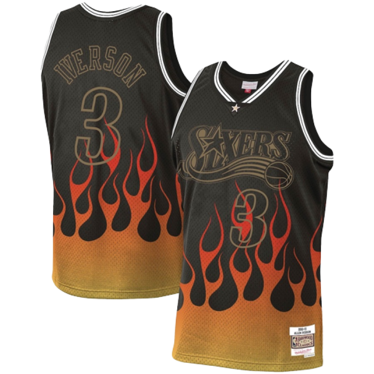 Camiseta NBA Philadelphia 76ers Allen Iverson 3 Mitchell & Ness Retro Flames Negra