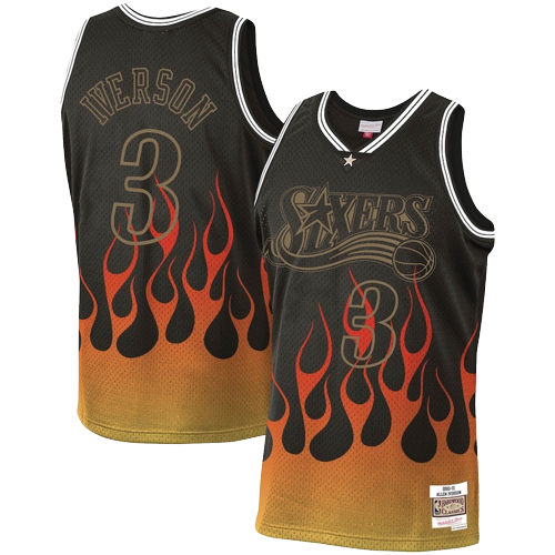 Camiseta NBA Philadelphia 76ers Allen Iverson 3 Mitchell & Ness Retro Flames Negra Camiseta NBA Philadelphia 76ers Allen Iverson 3 Mitchell & Ness Retro Flames Negra