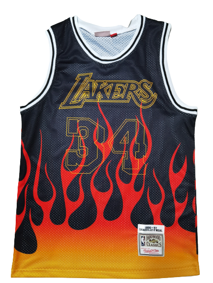 Camiseta NBA Los Angeles Lakers Shaquille O'Neal 34 Mitchell & Ness Retro Flames Negra Camiseta NBA Los Angeles Lakers Shaquille O'Neal 34 Mitchell & Ness Retro Flames Negra